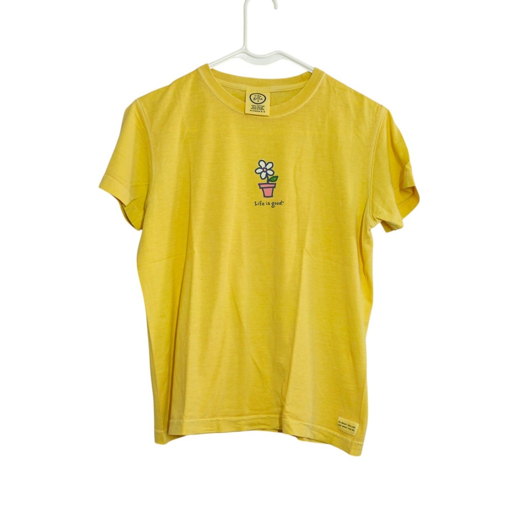 Life is Good Womens Size S Short Sleeve Yellow Flower Pot Graphic T-Shirt Cotton